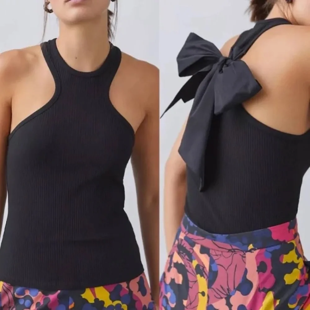 Anthropologie Sunday in Brooklyn Bow-Tie Racerback Black Ribbed Tank NWT - Picture 2 of 5